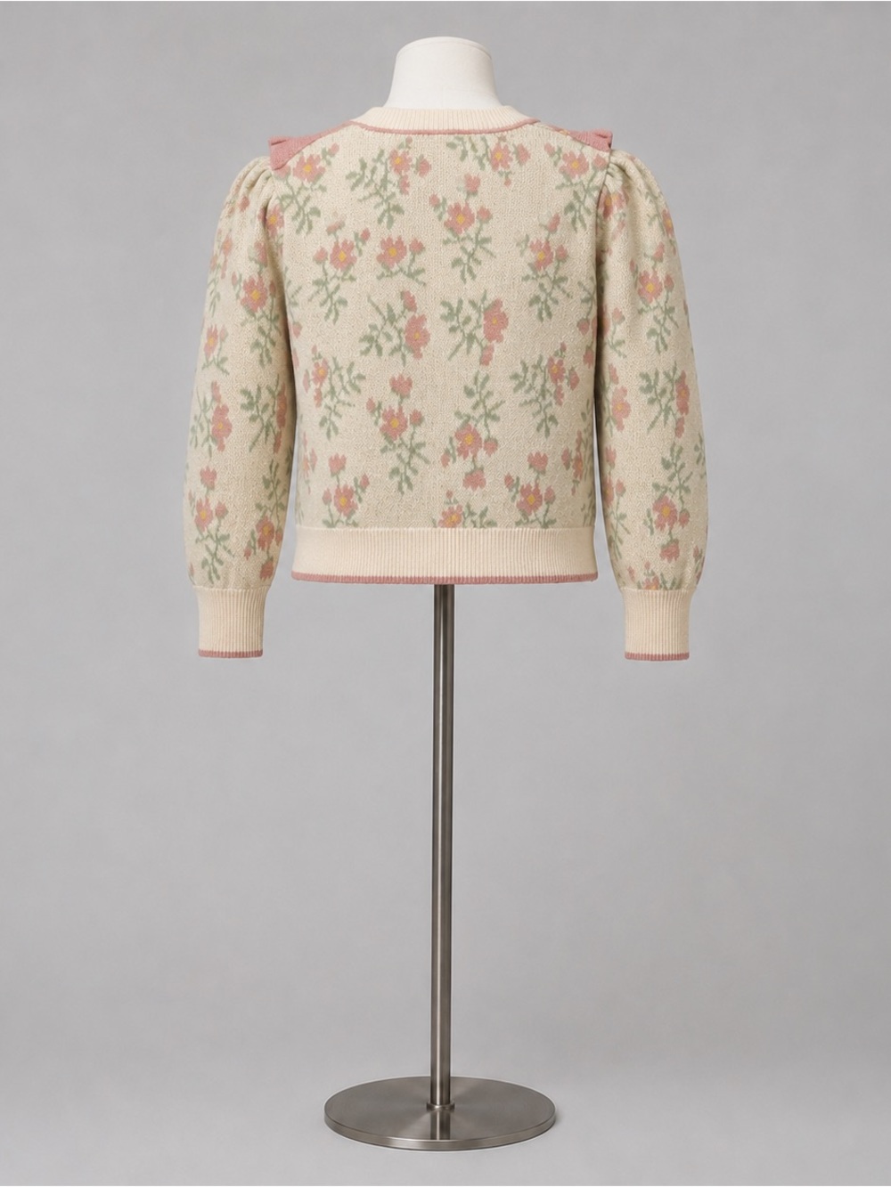 So Me L Pink Floral Ruffle Cardigan Coquette Cottagecore Puff Sleeve Sweater - Picture 4 of 15